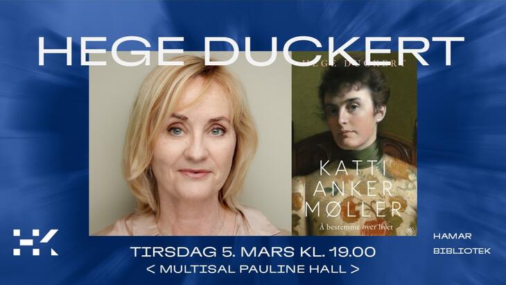 Hege Duckert kommer til Hamar. Foto av henne på plakat.